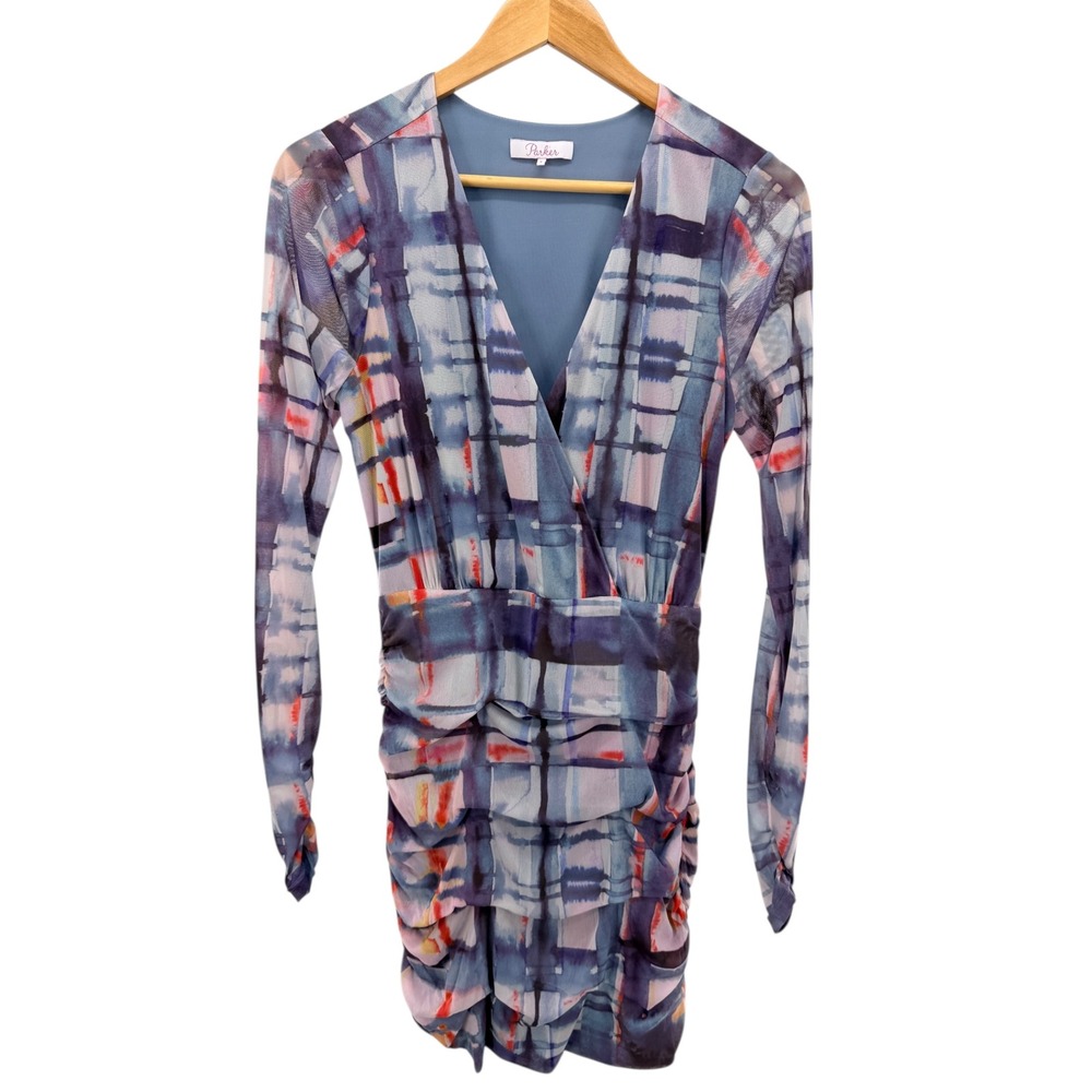 Parker Abstract Print Ruched Mesh Dress Long Sleeve Bodycon Size 4 Watercolor